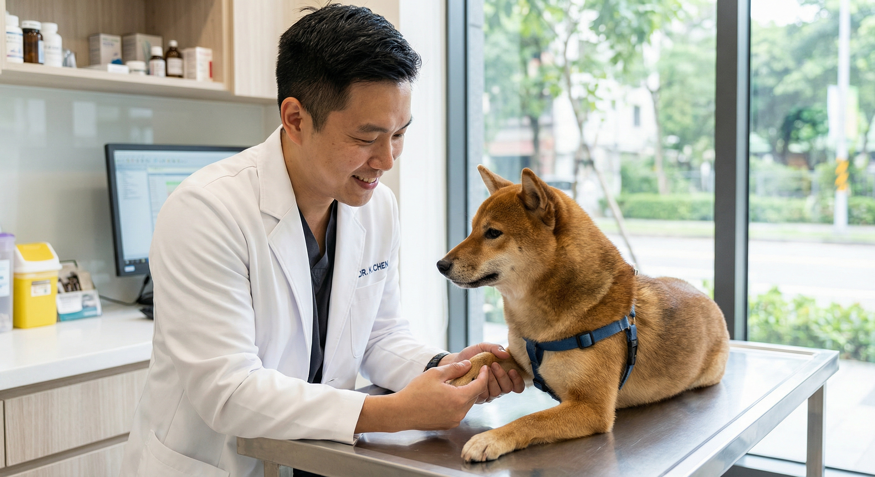 Veterinarian with shiba inu